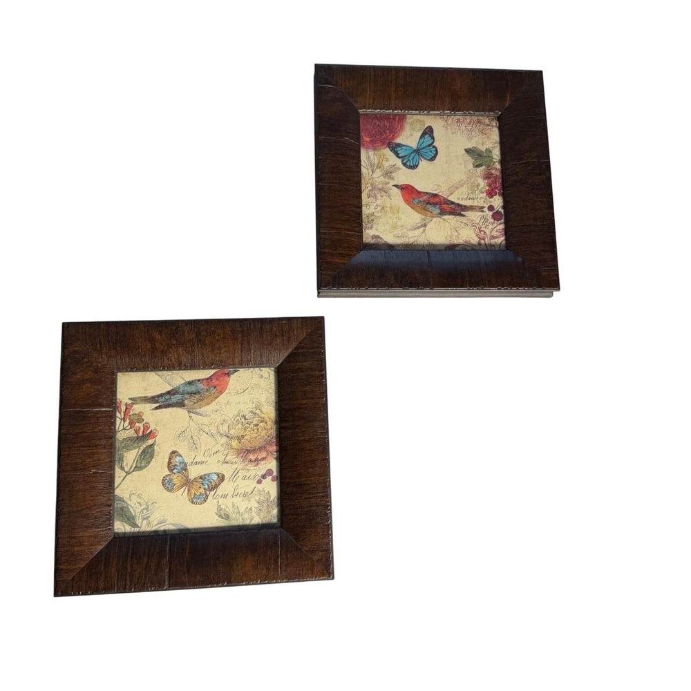 Set of 2 Vintage Style Bird & Butterfly Wall Art 9x9 Wood Frames Cottagecore